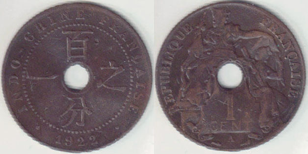 1922 A French Indo China 1 Centime A005931